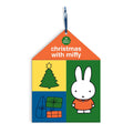The Miffy Christmas Sticker Countdown by Miffy has a colorful, house-shaped cover showing Miffy in an orange dress, a Christmas tree, and presents. A blue ribbon is attached at the top.