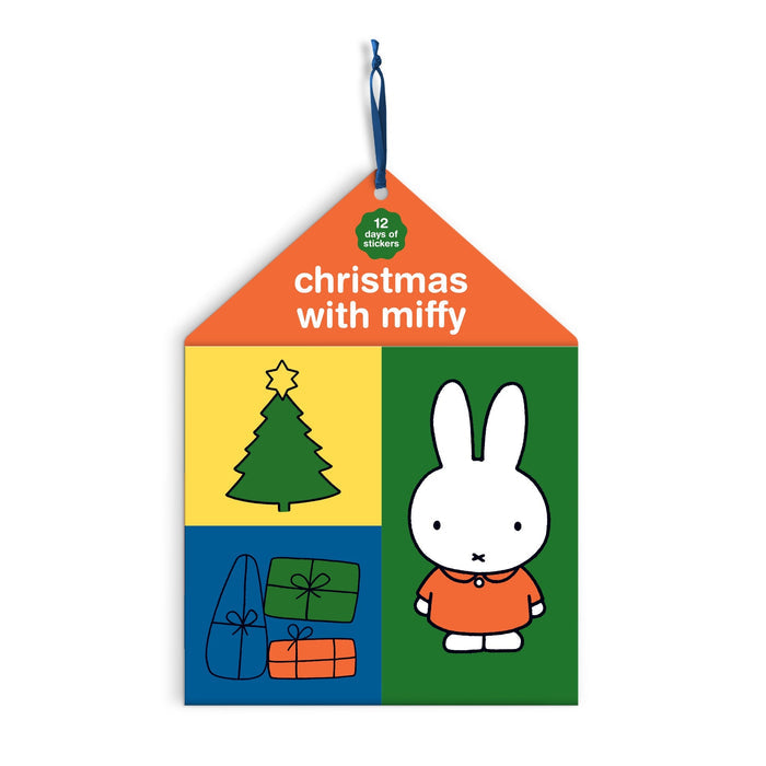 The Miffy Christmas Sticker Countdown by Miffy has a colorful, house-shaped cover showing Miffy in an orange dress, a Christmas tree, and presents. A blue ribbon is attached at the top.