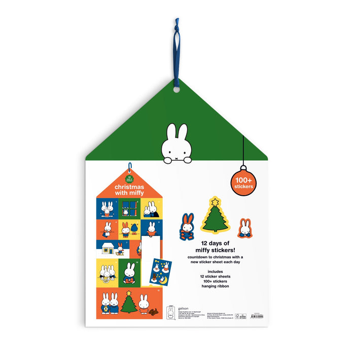 The Miffy Christmas Sticker Countdown is a hanging house-shaped package featuring the Miffy bunny, with 12 days of colorful sticker sheets and bold text highlighting over 100 stickers inside from the Miffy brand.