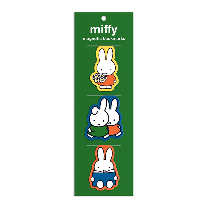 The Miffy Magnetic Bookmarks by Miffy come in a green pack with three designs: Miffy holding flowers, hugging another bunny, and sitting with an open book.