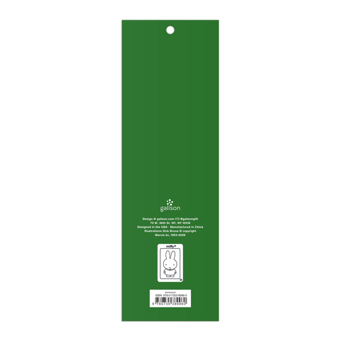 The Miffy Magnetic Bookmarks by Miffy are green, rectangular, and feature a small hole at the top. The back displays white text, the Galison logo, and a simple white cartoon bunny illustration near the bottom.