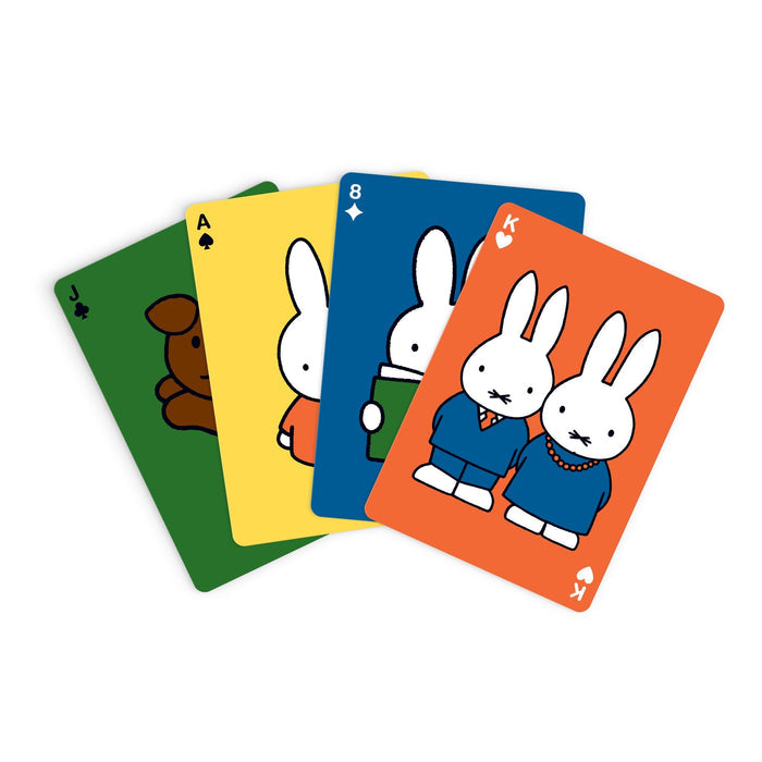 The Miffy Playing Card Deck by Miffy features four illustrated cards: a green Jack of clubs with a brown dog, a yellow Ace of spades with a white bunny, a blue 8 of diamonds and an orange King of hearts—each with two white bunnies.