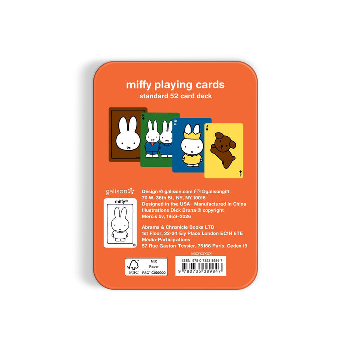 An orange tin box labeled "Miffy Playing Card Deck" from the Miffy brand displays four cartoon cards featuring Miffy the bunny and a brown dog, with branding and manufacturing details shown below.
