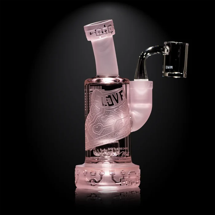 Pink Glass Dab Rig with 'LOVE' engraving on a black background
