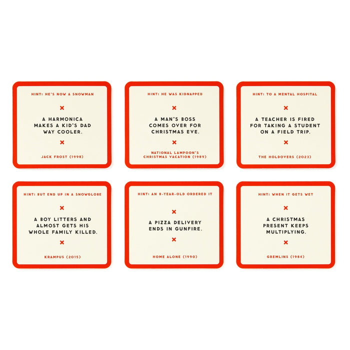 Brass Monkey’s Mini Poorly Explained Movies - Holiday Edition features six red-bordered cards, each with a cryptic clue about a holiday movie like Home Alone—answers included. It’s the perfect party game for film fans.
