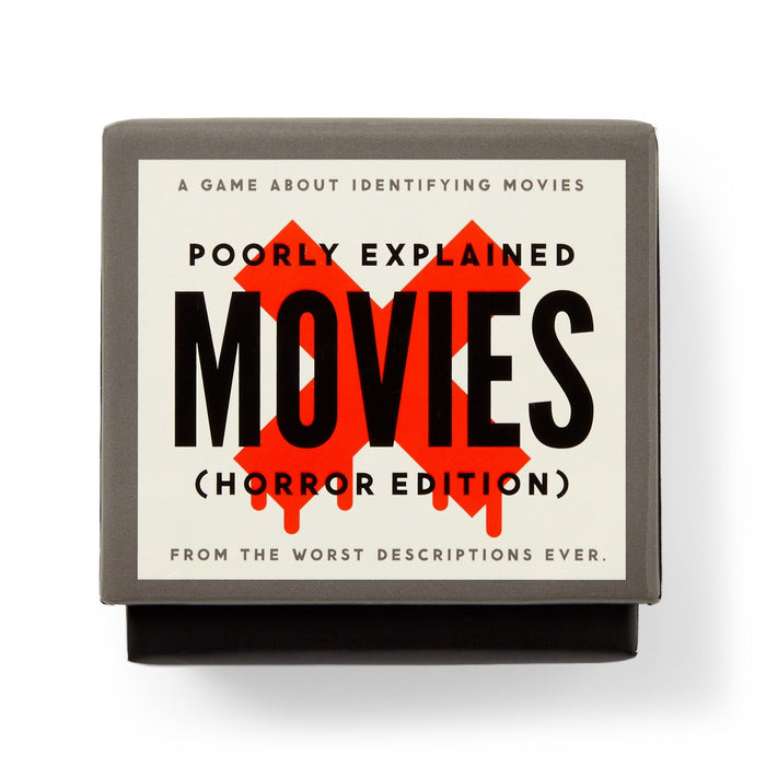 A game box labeled Mini Poorly Explained Movies - Horror Edition by Brass Monkey features bold black text over red X marks, with the tagline "From the worst descriptions ever" and "A horror movie card game about identifying movies" at the top.