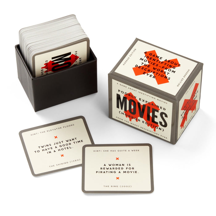 Brass Monkey’s Mini Poorly Explained Movies - Horror Edition is displayed with cards spread out, including one that reads: “Twin just want to have a good time in a hotel. The Shining (1980),” along with the box and card tray.