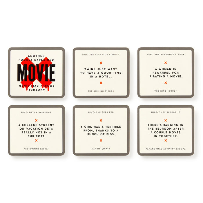 Mini Poorly Explained Movies - Horror Edition by Brass Monkey includes six cards with funny one-line summaries of horror films like The Shining, The Ring, and more. Each card lists the movie title and year—great for any horror card or party game!.