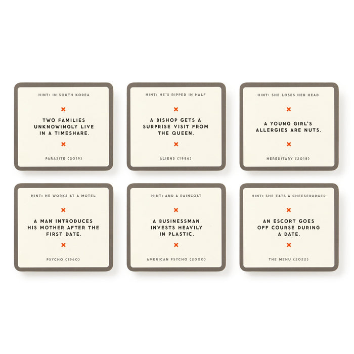 Mini Poorly Explained Movies - Horror Edition by Brass Monkey is a fun horror card game featuring six square cards with movie hints and witty plot summaries. Includes references to Parasite, Aliens, Hereditary, Psycho, American Psycho, and The Menu.