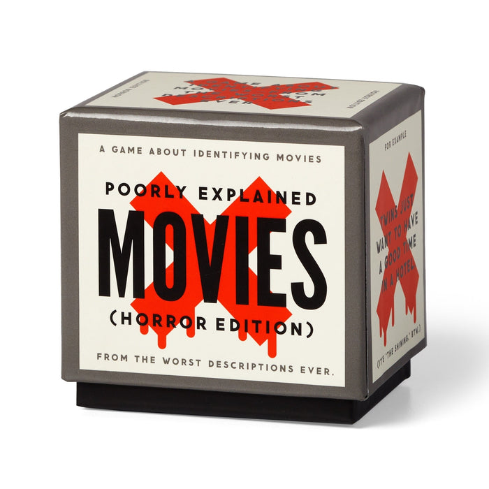 A square box labeled Mini Poorly Explained Movies - Horror Edition by Brass Monkey, marked with red Xs and black text, promotes a horror card game where players guess movies from vague or misleading descriptions.