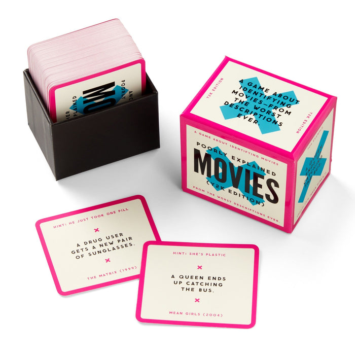 Mini Poorly Explained Movies – Y2K Edition by Brass Monkey is a party game featuring a deck of cards with humorous 2000s movie trivia, answers, pink edges, a black card holder, and a game box.