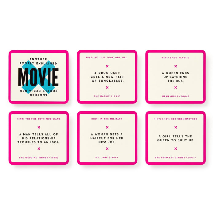 Six pink-edged game cards from Brass Monkey’s Mini Poorly Explained Movies – Y2K Edition are shown, each with a pop culture movie hint. Visible titles include The Matrix, Mean Girls, G.I. Jane, The Wedding Singer, and The Princess Diaries.