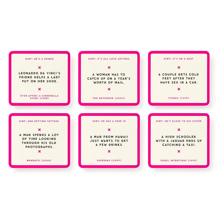 Mini Poorly Explained Movies – Y2K Edition by Brass Monkey includes six pink-bordered cards, each with a movie hint and description, title, and year. Great for parties, the cards reference classic Y2K films like Titanic, Memento, and The Notebook.