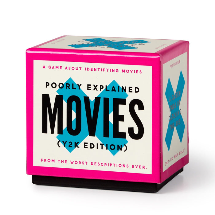 Mini Poorly Explained Movies – Y2K Edition by Brass Monkey is a pink and white party game where players guess 2000s movies from cryptic pop culture clues. The box features blue X marks and includes everything you need for movie trivia fun.