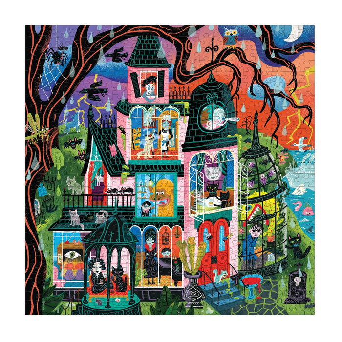 Experience the Monster Mansion 500 Piece Puzzle by Stephanie Birdsong—a vibrant Halloween adventure featuring a colorful illustration of a haunted mansion teeming with spooky characters, black cats, ghosts, bats, and cobwebs. Twisted trees frame the eerie house while a bright sunset sky adds striking contrast. This whimsical and lively scene is perfect for family puzzling fun—bring the world of Monster Mansion to life piece by piece!.