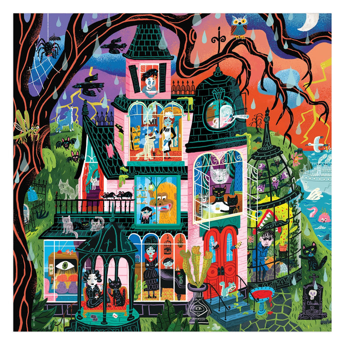 Step into a vibrant, spooky mansion filled with gothic windows and an array of characters, ghosts, and animals both inside and out. Surrounded by lightning, twisted trees, and an eerie landscape—with black cats and cobwebs adding extra charm—this enchanting Monster Mansion 500 Piece Puzzle by Stephanie Birdsong is the perfect family activity for Halloween fun.