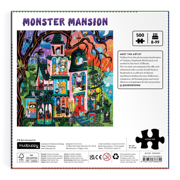 Enjoy a vibrant illustration of a mansion teeming with whimsical monsters, surrounded by trees and a giant snake, with the Monster Mansion 500 Piece Puzzle by Stephanie Birdsong. This charming puzzle offers 500 pieces of spooky fun for ages 8–99, includes information about the artist on the box, and features a playful puzzle piece icon. Perfect for Halloween or as a delightful family activity!.