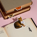 The Brass Monkey Moody Cats Magnetic Bookmark Set features three cat bookmarks peeking from books—one with a sticker saying, "I heard the villain sucked." A fun, light pink set perfect for cat-loving readers.