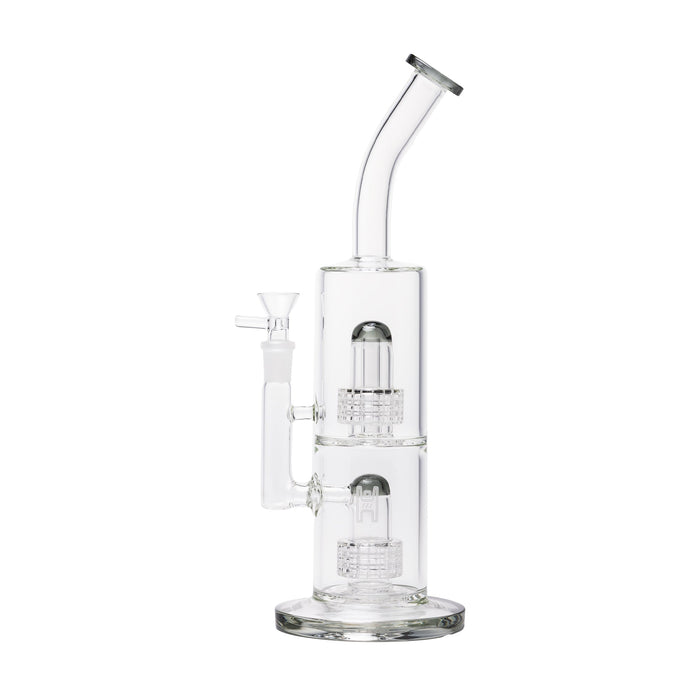 Clear glass water pipe with multiple Percolators chambers on a white background