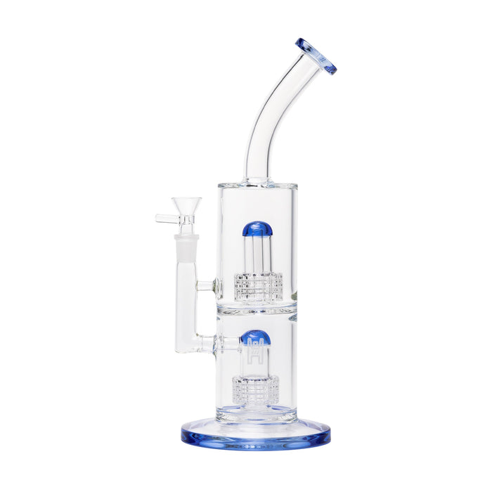 Clear glass Double Perc  water pipe with blue accents on a white background