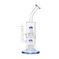 Clear glass Double Perc  water pipe with blue accents on a white background