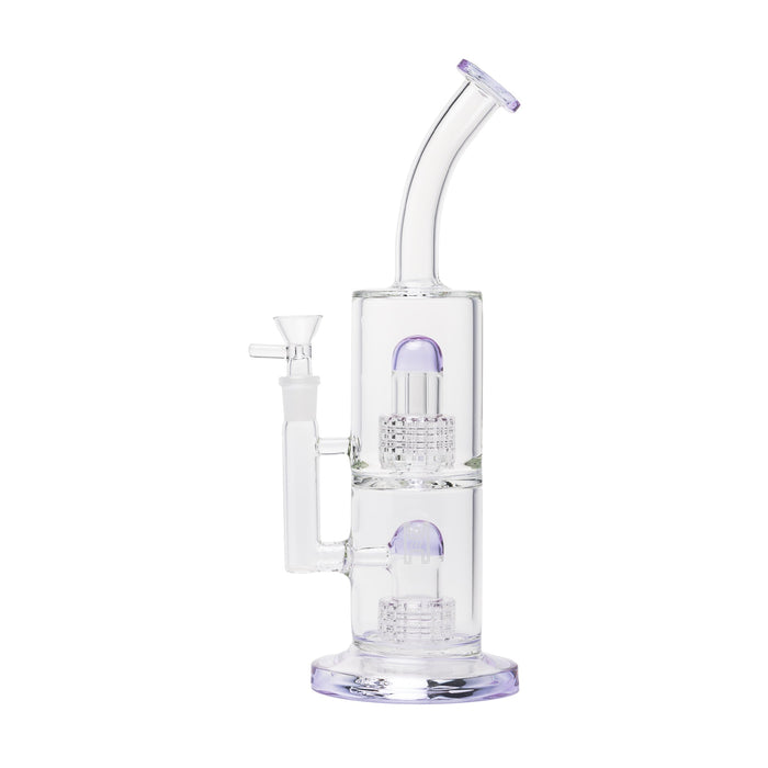 Clear glass water pipe with purple accents on a white background
