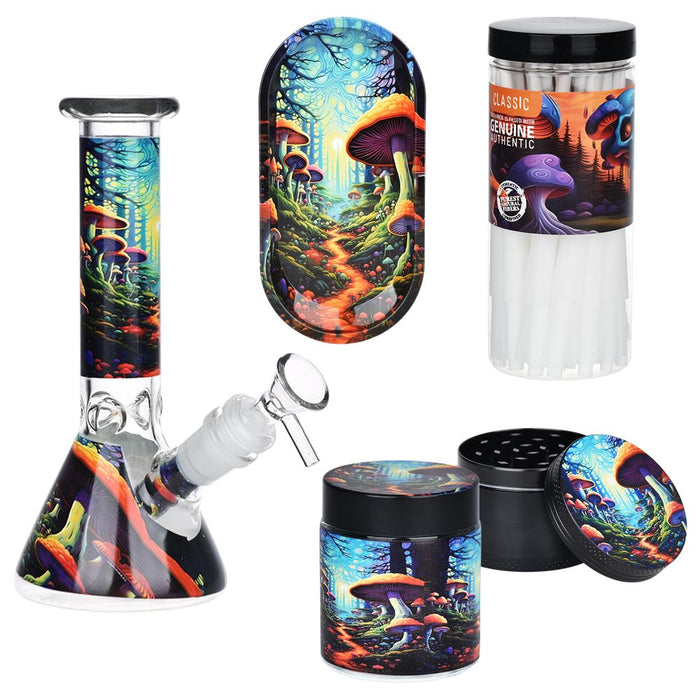 Mushroom Forest Glass Beaker Bong Smoking Set - 7.75"