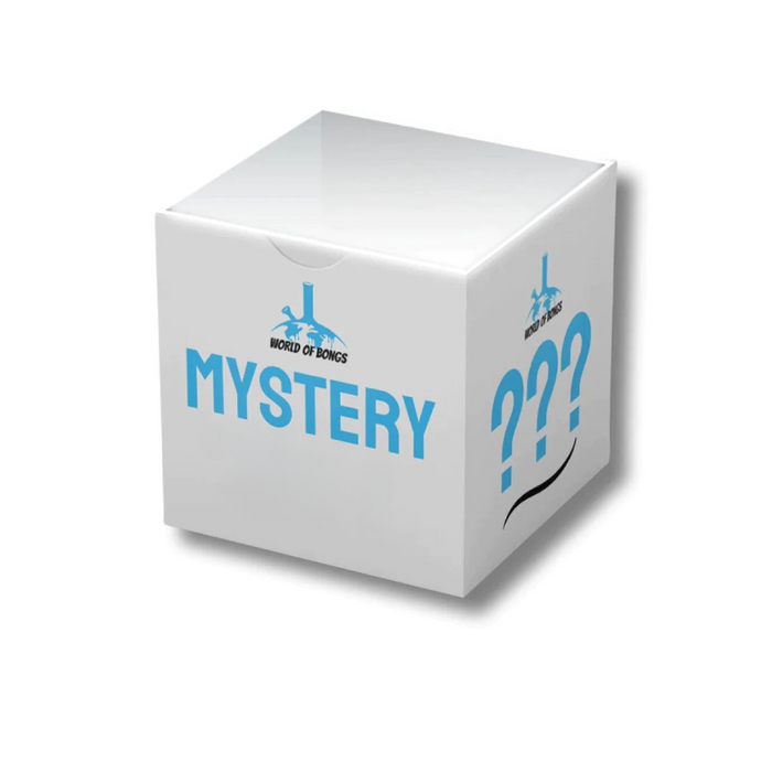 White cube box with the text 'Mystery' Dab Rig and the World of Bongs logo, indicating a surprise product inside.