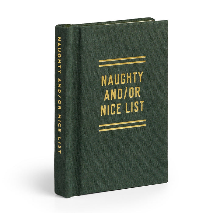 The Brass Monkey Naughty and/or Nice Tiny Diary is a dark green hardcover with its title in gold on the front and spine, shown standing upright against a white background.