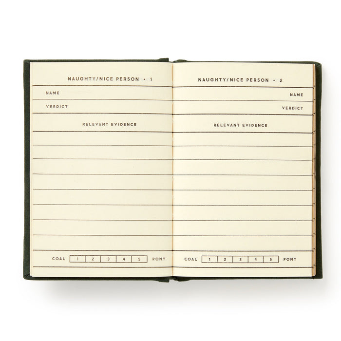 The Brass Monkey Naughty and/or Nice Tiny Diary is a pocket-sized Christmas journal with pages for two people, each offering space for names, verdicts, evidence, and a playful coal-to-pony rating scale.