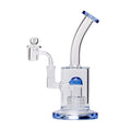 Clear glass Dab Rig water pipe with blue accents on a white background