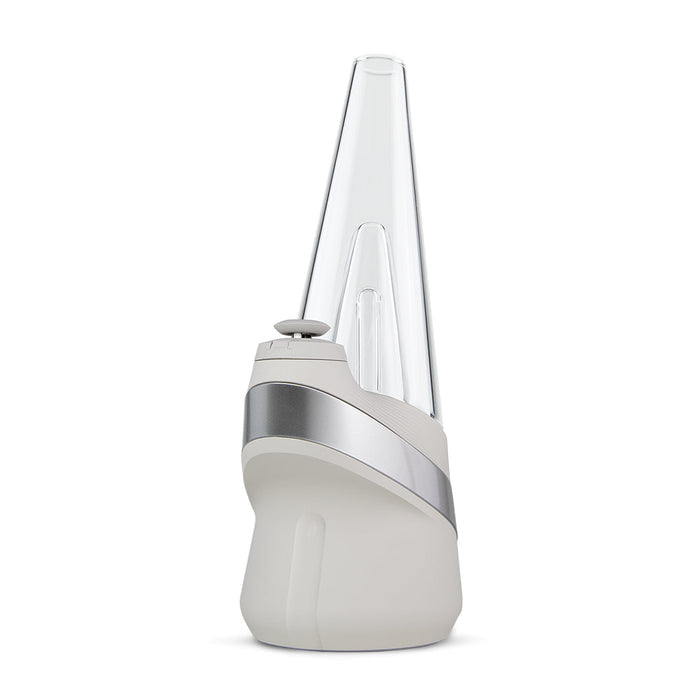 A Puffco Peak Vaporizer, featuring a white body with a silver band and a clear glass piece on top.