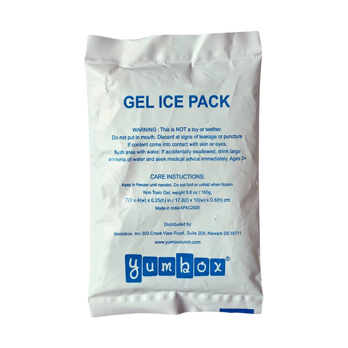 A white plastic gel ice pack pouch with blue printed text and the Yumbox logo, photographed against a plain white background.
