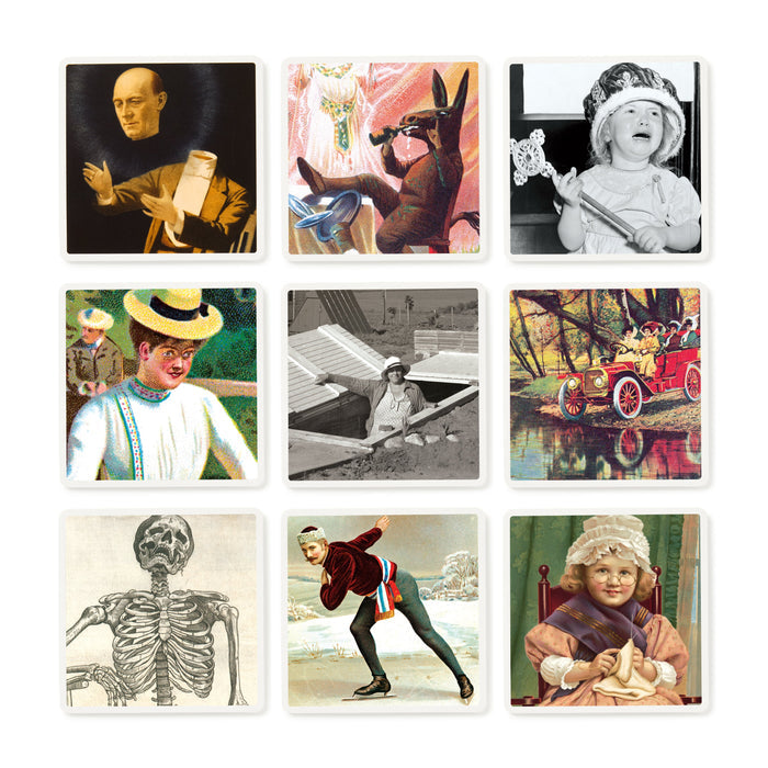 A grid of nine vintage illustrations from Brass Monkey’s Oddly Correct Party Game features a man with a scroll, a kangaroo, and more quirky characters—capturing the playful spirit that sparks creativity and laughter.