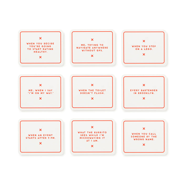 Nine white cards with red borders and text from Brass Monkey’s Oddly Correct Party Game, each featuring a funny scenario—like stepping on a Lego—are arranged in a 3x3 grid. A perfect, hilarious card game for adults’ parties!.
