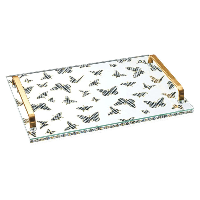 Onyx Butterfly Challah Board with gold handles and mint green trim, featuring delicate butterfly pattern on white ceramic surface for Shabbat.