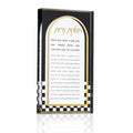 Onyx Hadlokas Neiros Block with arched top and checkered border, featuring Hebrew text for candle-lighting blessings on tabletop display.