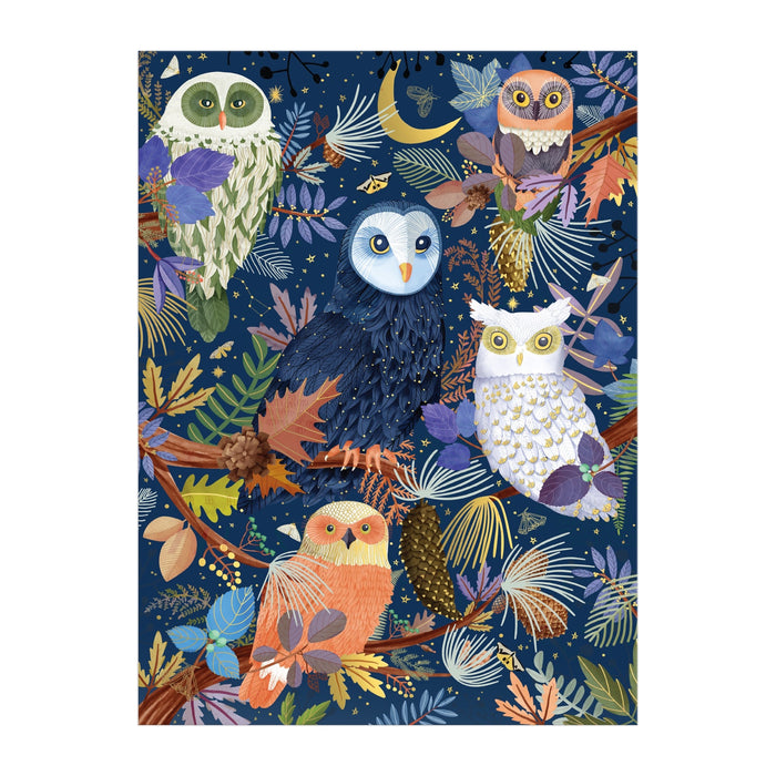 The Mara Penny "Owls at Dawn 1000 Piece Foil Puzzle" features five colorful owls with unique feathers on branches, surrounded by autumn leaves, pinecones, acorns, and a crescent moon in a dark blue starry sky.