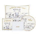 Painted Bais Hamikdash Pesach set featuring gold and white ceramic dishes with matching plate and coordinating serving pieces for holiday tabletop.