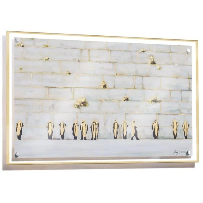 Painted by Judy Kosel wall art featuring wooden frame with white shiplap background and hanging gold-toned clips displaying Jerusalem-inspired artwork.