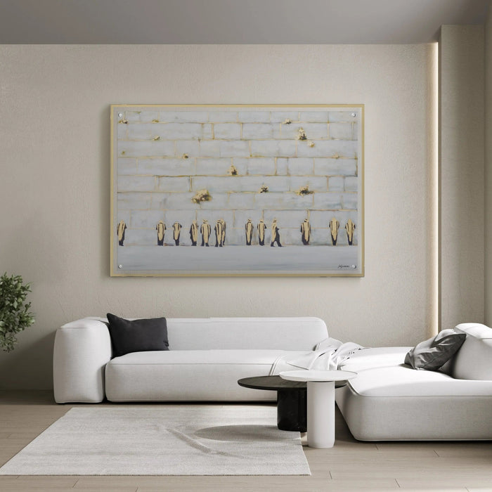 Painted by Judy Kosel Jerusalem wall art hanging above a white sofa in a modern living room with neutral decor and natural light.