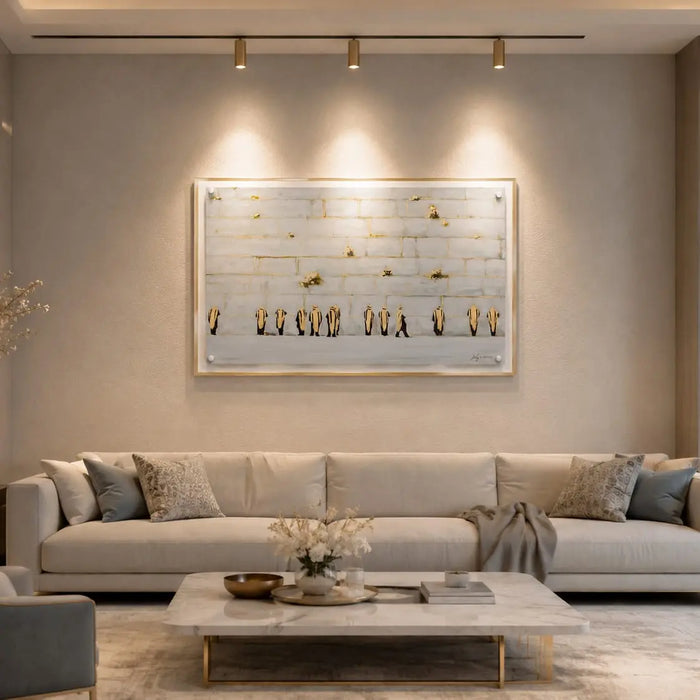 Watercolor painting by Judy Kosel depicting Jerusalem cityscape, displayed above beige sofa in modern living room with warm lighting and neutral décor.
