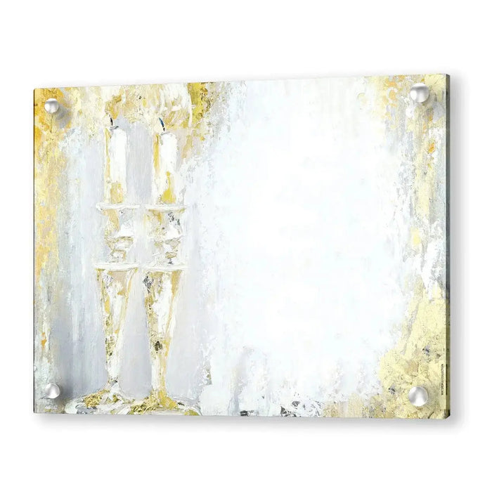 Gold and white painted candles wall art with soft brushstrokes and elegant gallery aesthetic, custom print available in multiple sizes