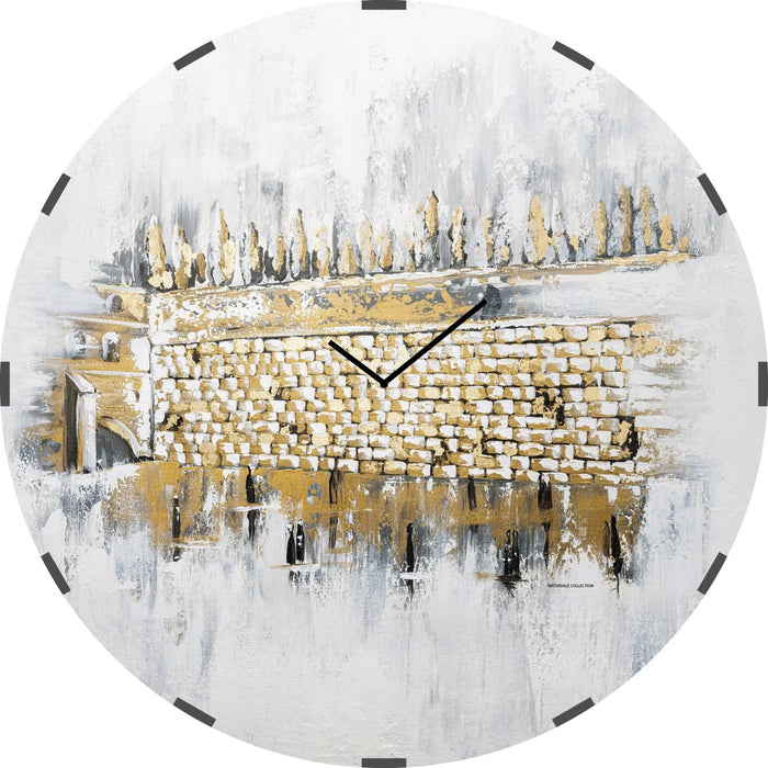 Painted Kosel at Winter Clock featuring a gold and white abstract architectural design with black clock hands on a circular wall art piece.