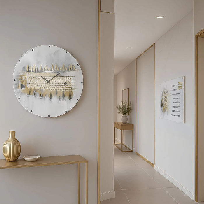 Round wall clock with painted Kosel at Winter design, cream face with gold accents, displayed above wooden shelf in modern hallway.