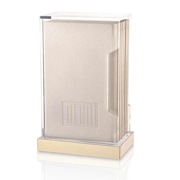 Painted Shabbos Zemiros Bencher Set by Waterdale Collection in cream and gold, displayed in clear acrylic case with decorative base.