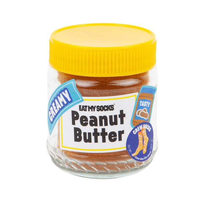 Crew socks packaged in a glass jar with a yellow lid and a peanut butter label, on a white background.