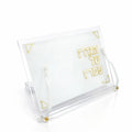 Pearlstone Haggadah stand with clear lucite frame and white pearl marble base, displaying gold text for Passover table.