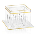 Pearlstone Kiddush fountain with clear glass compartments and gold-tone metal frame, designed for Shabbat wine service.