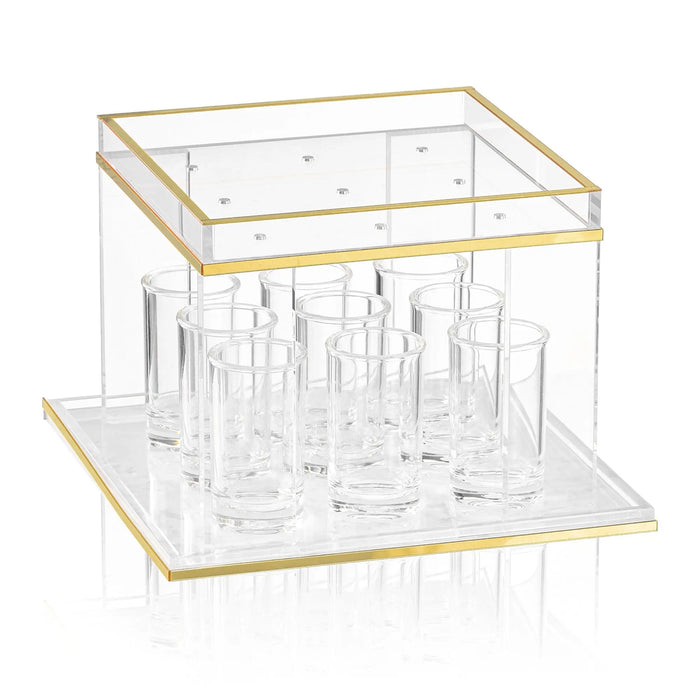 Pearlstone Kiddush fountain with clear glass compartments and gold-tone metal frame, designed for Shabbat wine service.